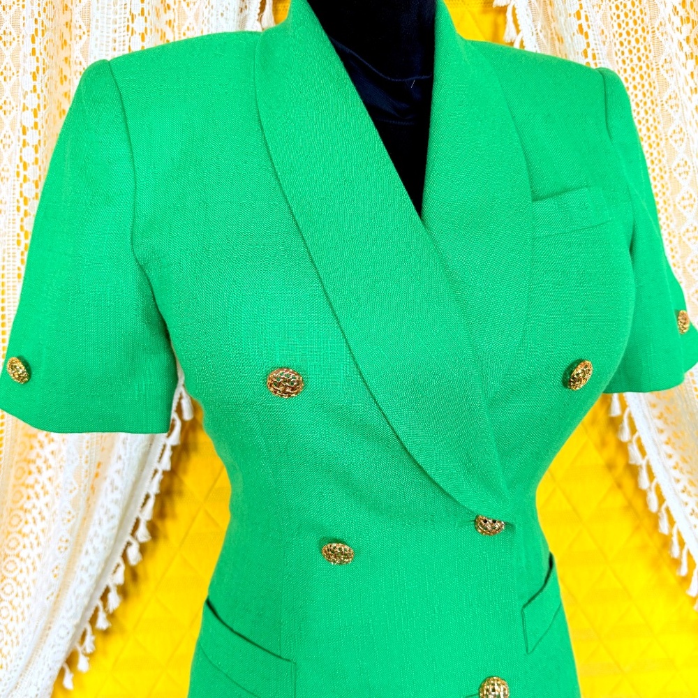 VTG 80s Kelly Green Double Breasted Blazer Power Dress Corporate Chic Kasper 4P - Picture 5 of 16